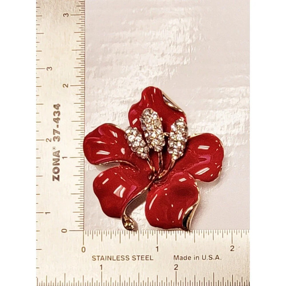 unbranded Jewelry - Enameled Red Floral Brooch Pin with Rhinestones